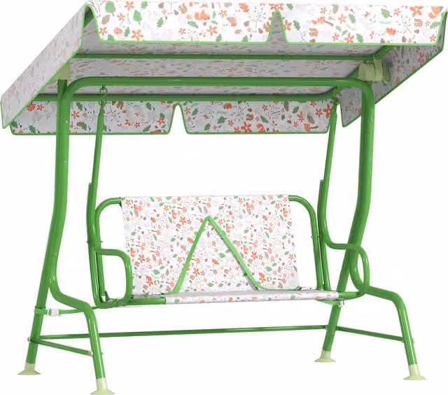 AIYAPLAY Kids Garden Swing Chair with Adjustable Canopy and Safety Belt, 2 Seater Floral Hammock Swing Bench for Patio and Porch, Green