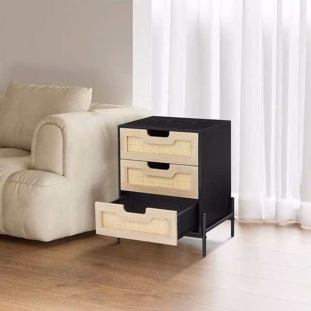 London Boutique Modern Rattan Bedside Table with 3 Drawers in Black, W/D/H: 40 x 40 x 64 cm – 1