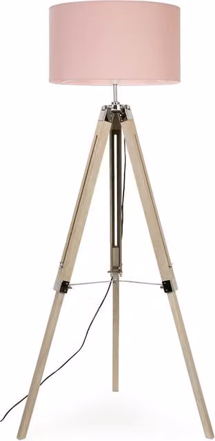 Clipper Light Brown Wood Tripod Floor Lamp with Pink Fabric Cylinder Shade