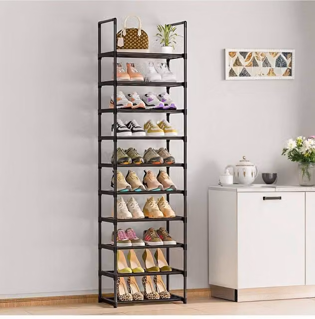 H&O Direct 10 Tier Metal Shoe Rack with Adjustable Shelves in Black