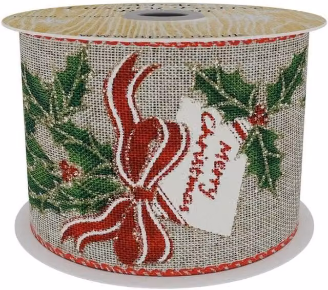 KDMD Natural Ribbon with Holly and Bow Print, Multicolour, Width: 6.3 cm, Length: 9.14 m – 1