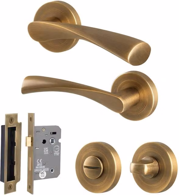 AFIT Antique Brass Bathroom Door Handle Rose with WC Lock in Bronze, 1 Pair
