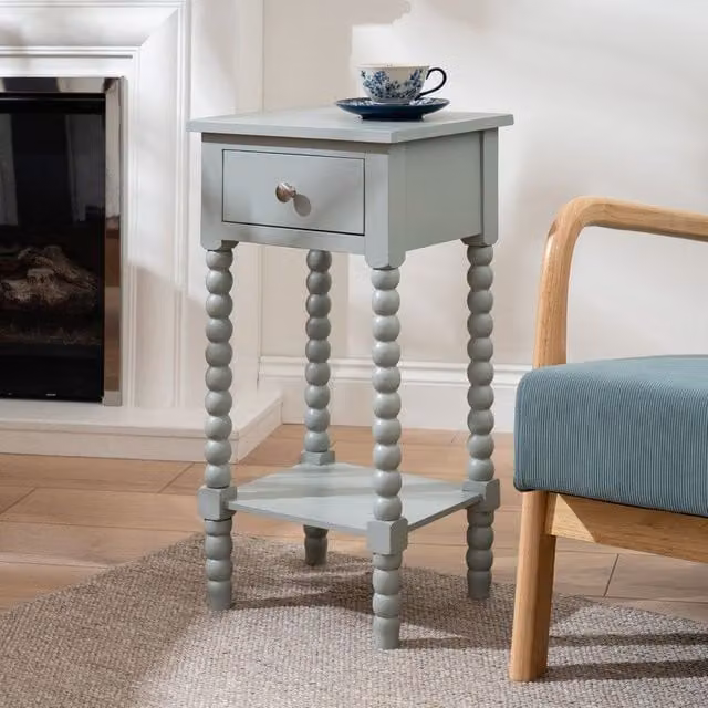 Scottish Everlastings Ltd Aqua Grey Bobbin Side Table with Drawer, W/D/H: 35.5 x 30 x 66 cm – 1