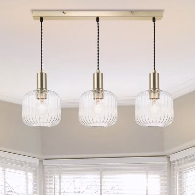 COSYLYTE Clayton 3 Light Glass Bar Pendant Light in Brushed Brass and Transparent Glass