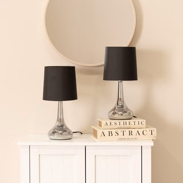 ValueLights Pair of Chrome Teardrop Touch Table Lamps with Fabric Shades and LED Bulbs in Black