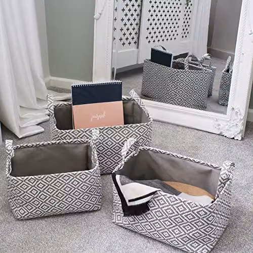 JVL Argyle Set of 3 Grey Rectangular Storage Baskets with Handles – 3