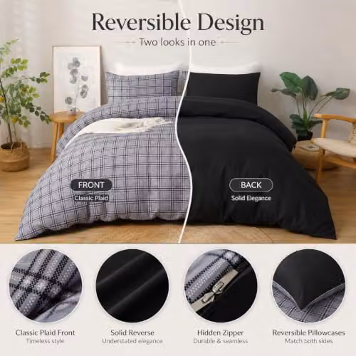 Grace 4 Piece Super King Microfibre Reversible Duvet Cover Set with Matching Black Fitted Sheet in Grey – 5
