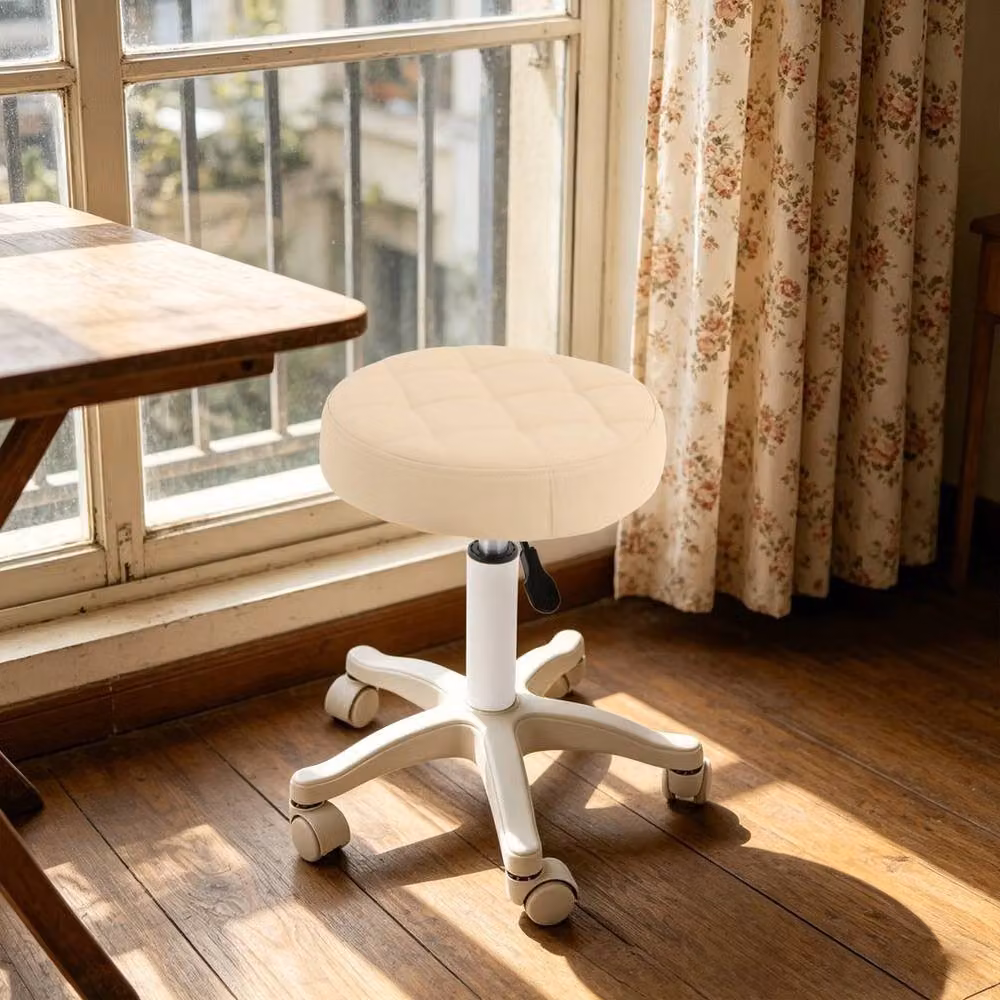 KORVIXA Adjustable Round Bar Stool in Beige Synthetic Leather with Castors – 4