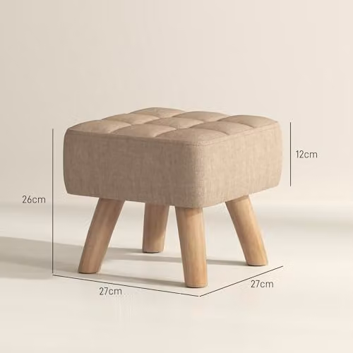 HOMCOM Modern Fabric Cube Footstool with Rubberwood Legs in Beige and Brown, W/D/H: 27 x 26 x 27 cm – 3