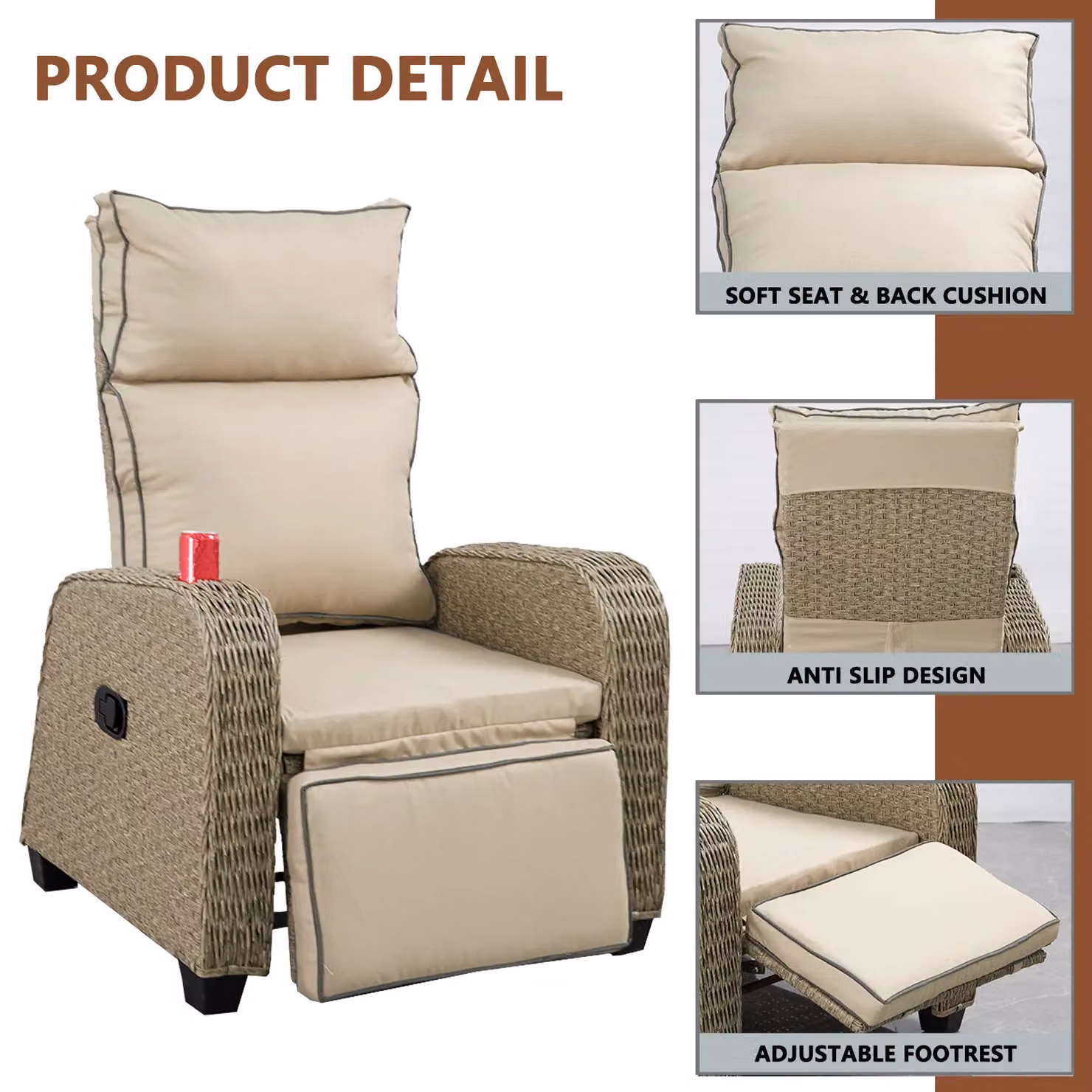 FURNITURE ONE Beige Rattan Patio Recliner with Padded Lounger and 170 Degree Adjustable Backrest – 3