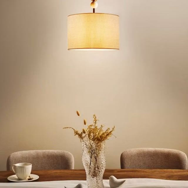 Wyld and Coco Mid-Century Pendant Lamp with Beige Fabric Drum Shade and Gold Brass Metal Finish – 1