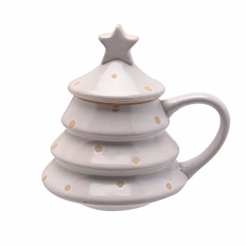 Widdop and Co Ceramic Christmas Tree Mug with Lid and Star Top in White and Gold