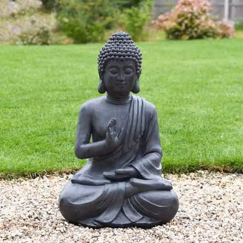 Garden Gear Large Dark Stone Effect Sitting Buddha Garden Ornament in Grey and Black, Height: 74 cm – 2
