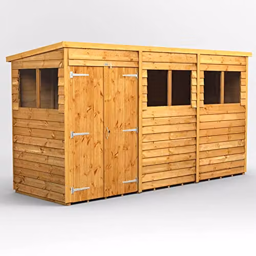 Powersheds Premium Pent Overlap Wooden Shed in Brown with Double Doors and Security Features