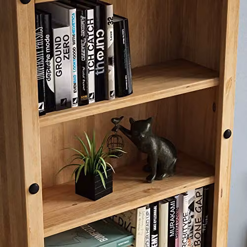 Vida Designs Corona Rustic Waxed Pine Tall Bookcase with Media Compartments in Brown and Black, W/D/H: 96.0 x 50.0 x 18.5 cm – 3