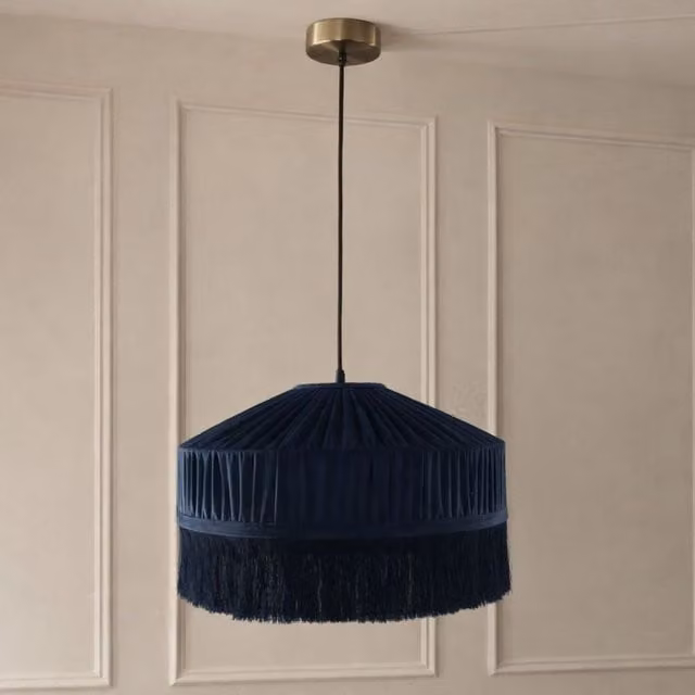 CGC Interiors Victoria Velvet Pleated Tassel Lampshade with Fringe, Round, Blue and Cream