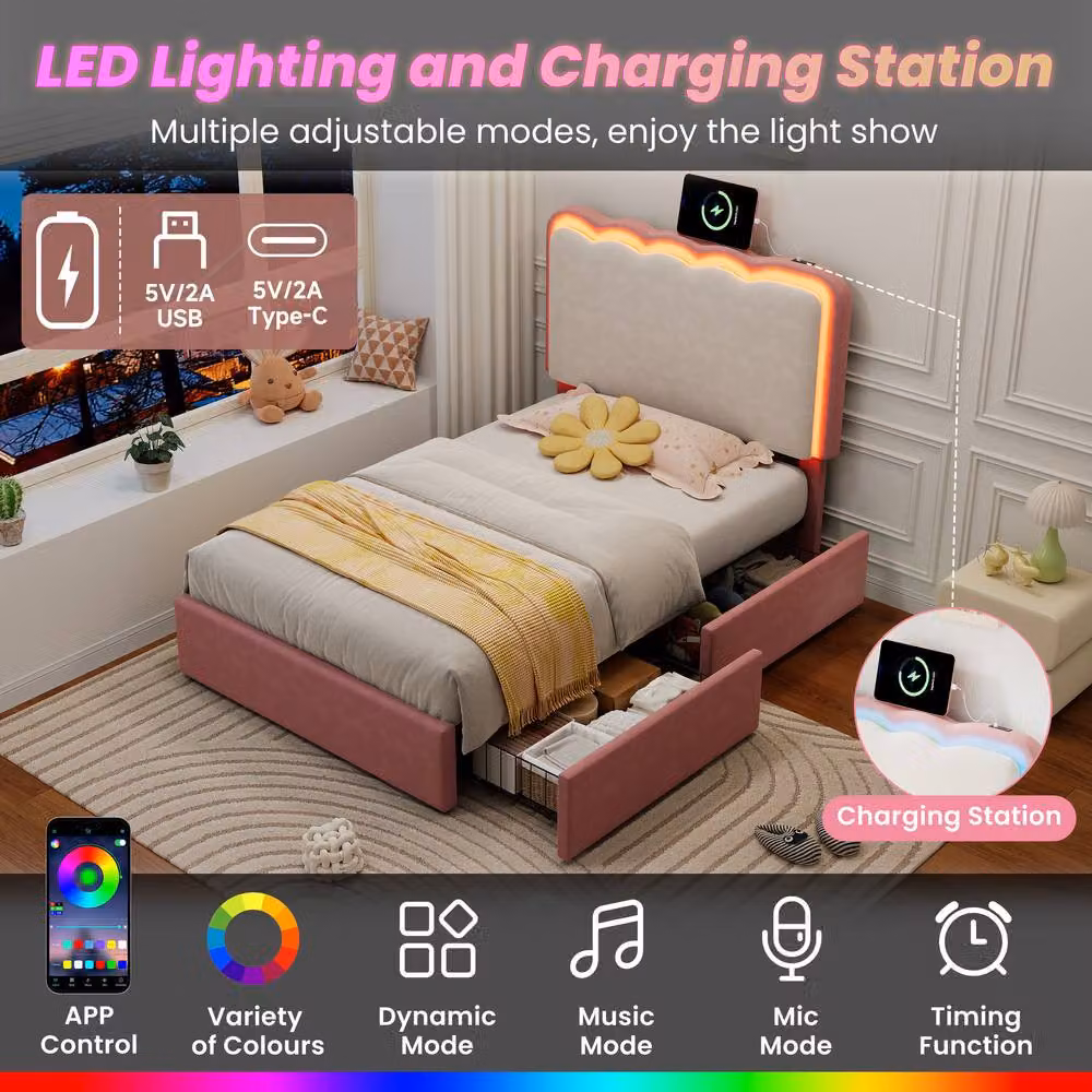 Rolipo Pink Velvet Upholstered Single Bed with LED Headboard, USB Charging Port, Bedside Shelf and 2 Drawers, W/D/H: 90 x 190 cm – 2