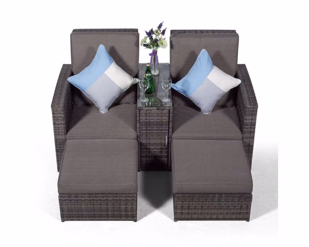 Giardino Nevada Double Reclining Rattan Sun Lounger Set with Canopy and Side Tray in Grey and Brown – 5