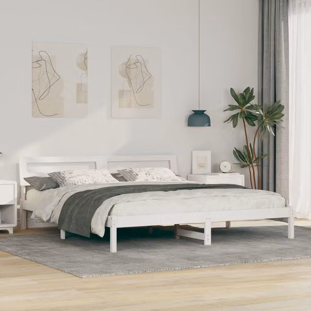 Berkfield Home Modern White Solid Wood Bed with LED Strip Lights and Headboard W/D/H: 200 x 200 x 73 cm