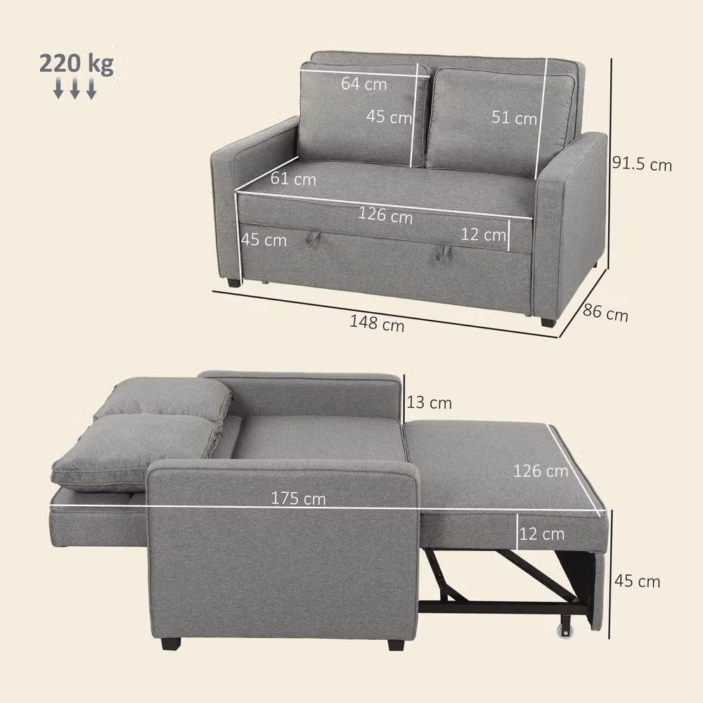 HOMCOM 2 Seater Click Clack Sofa Bed in Grey with Solid Wood Frame and Armrests – 3