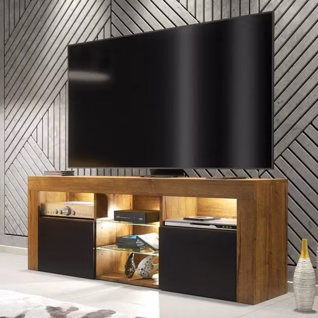 Mex Furniture LTD Pulse TV Unit in Dark Oak with Black Matt Doors and LED Lights, W: 145 cm, D: 35 cm, H: 53 cm