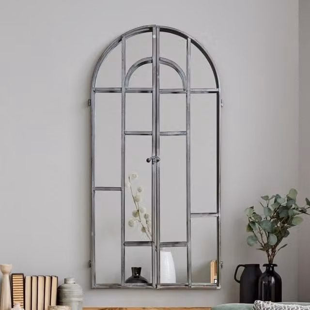MirrorOutlet The Kirkby Arched Wall Mirror with Rustic Dark Metal Frame in Brown and Grey