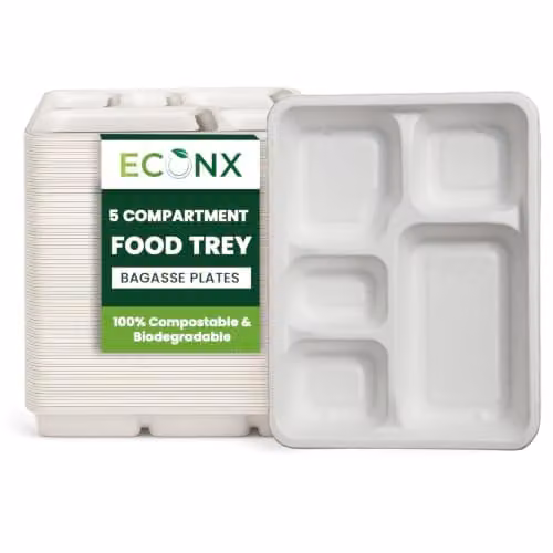 ECONX White 5 Compartment Deep Rectangle Bagasse Disposable Food Plates, 50 Pack