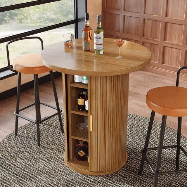 BTM Round Bar Table and Storage Cabinet in Sand and Brown, H 91.6 x W 60.0 x D 60.0 cm