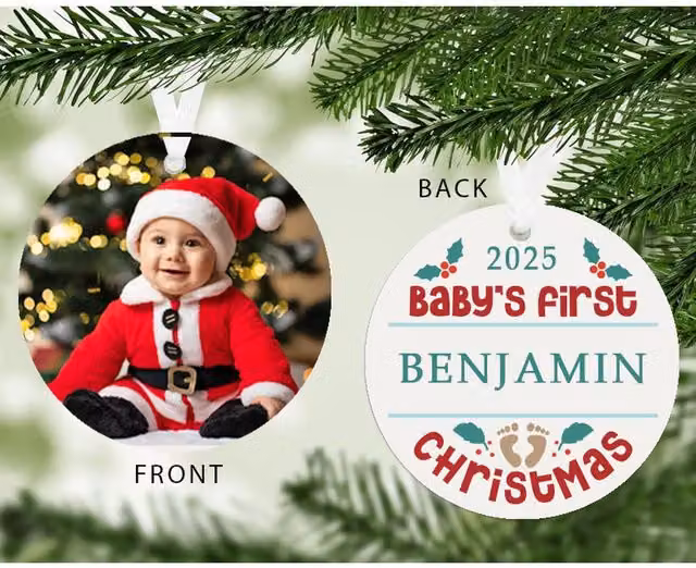 Uniqueful Personalised 1st Christmas Round Photo Hanging Baby Decoration in White