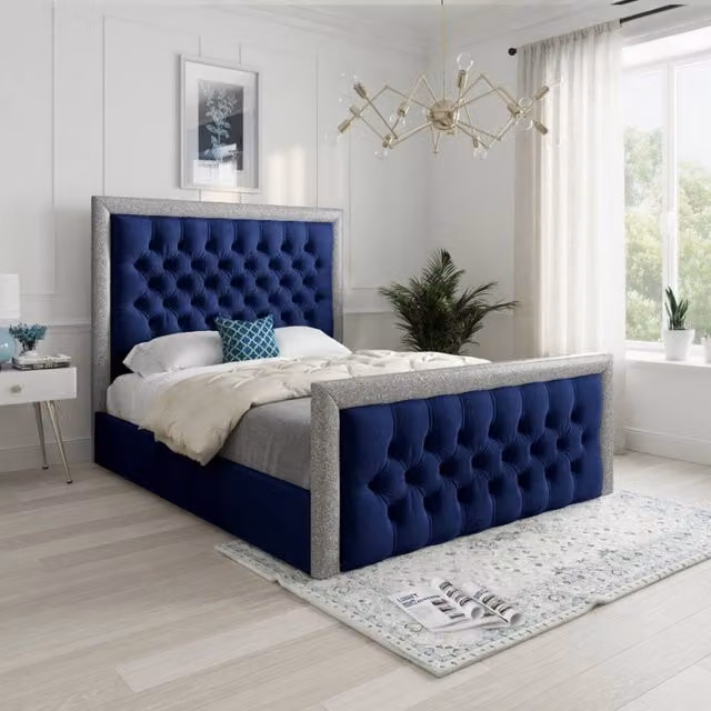 KDMD Wolston Blue Soft Velvet Upholstered Designer Bed Frame, W/D/H: 140 x 200 x 137 cm