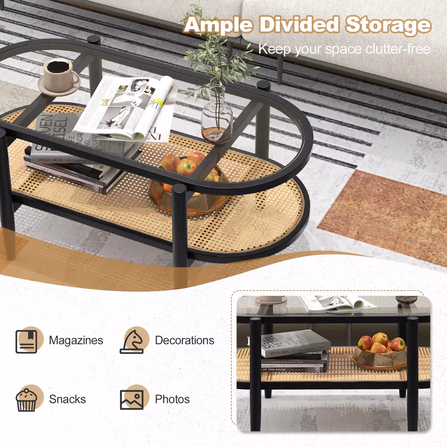 Gymax 2-Tier Oval Coffee Table with Acacia Wood and Glass Top in Black – 2