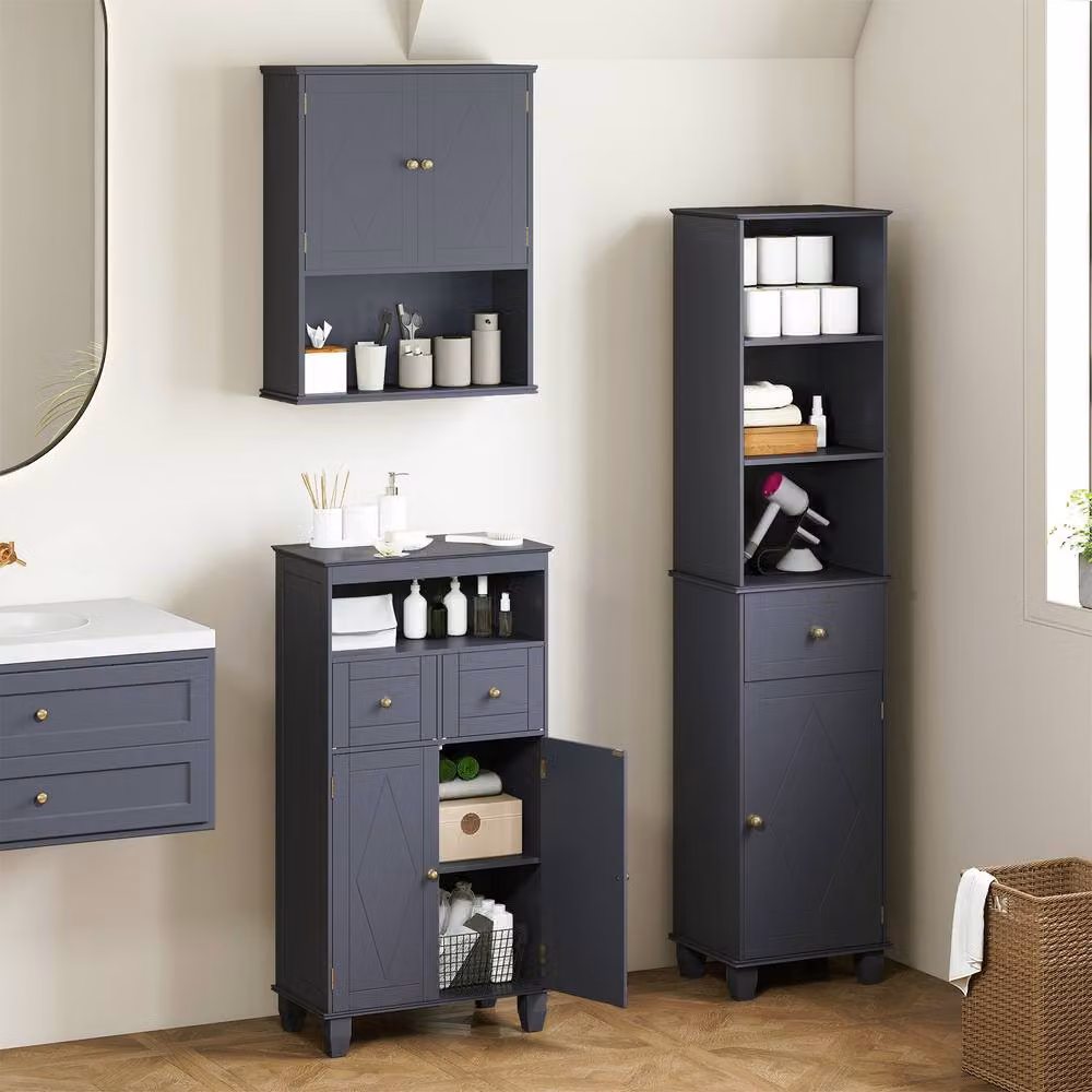 Costway Modern Grey Bathroom Floor Storage Cabinet with Drawers and Shelves – 5