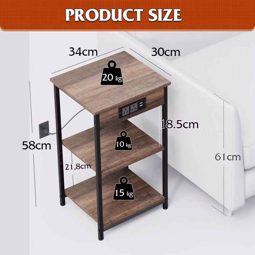 Rolipo 3-Tier Modern Side Table with Charging Station in Brown, W/D/H: 30 x 30 x 58 cm – 7