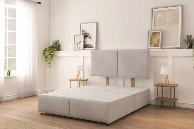 Sloomy Montana Naples Small Double Divan Bed Set with 26 inch Strutted Headboard in Silver Velvet Fabric, W/D/H: 120 x 200 cm
