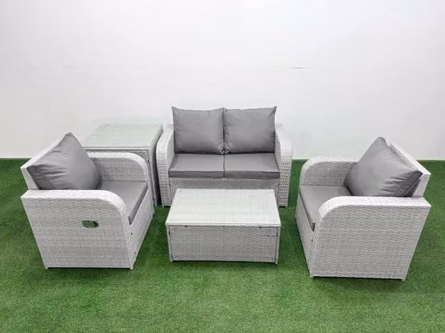 Fimous 4 Seater Light Grey PE Wicker Rattan Garden Furniture Set with Reclining Adjustable Chairs, Rectangular Coffee Table and Side Table