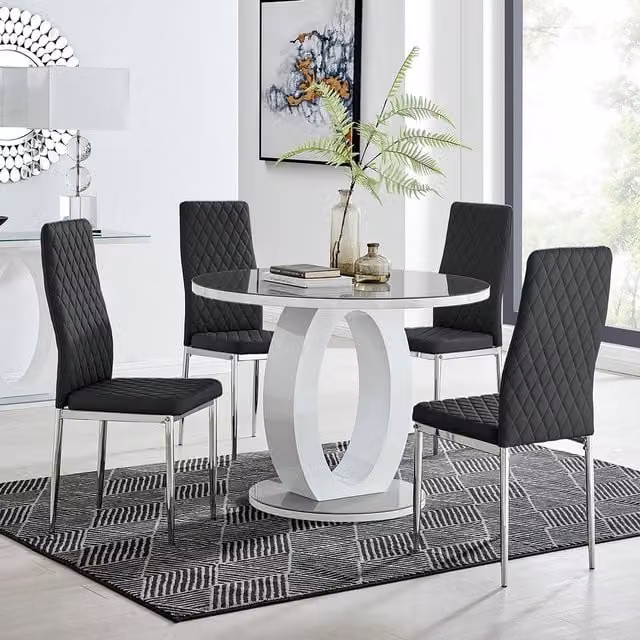 FurnitureboxUK Giovani Round Dining Table Set with 4 Black Faux Leather Milan Chairs, Grey Tinted Glass Top and White High Gloss Halo Base, Diameter: 100 cm