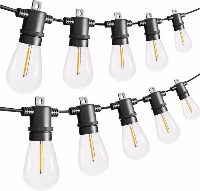 VOGREX 15m Outdoor Festoon String Lights with 15 Warm White LED Bulbs in Clear Transparent Plastic – 1