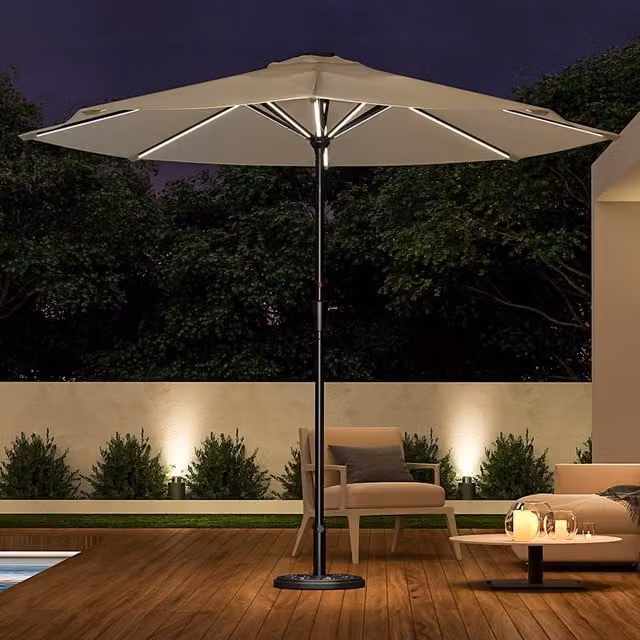 Livingandhome LED Strips Garden Parasol with Base in Beige and White