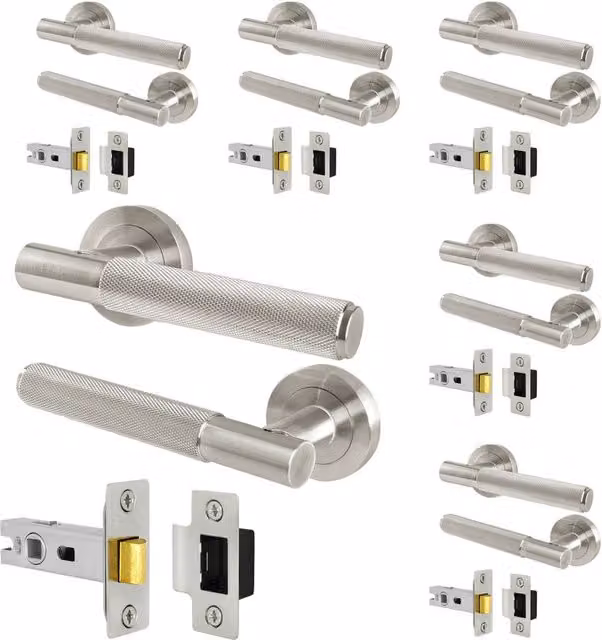 AFIT Knurled Round Rose Door Handles with Latch, 6 Pairs, Satin Nickel Silver