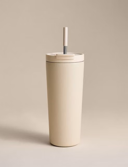 M&S Double Walled Stainless Steel Straw Cup with Lid, 700ml, Beige