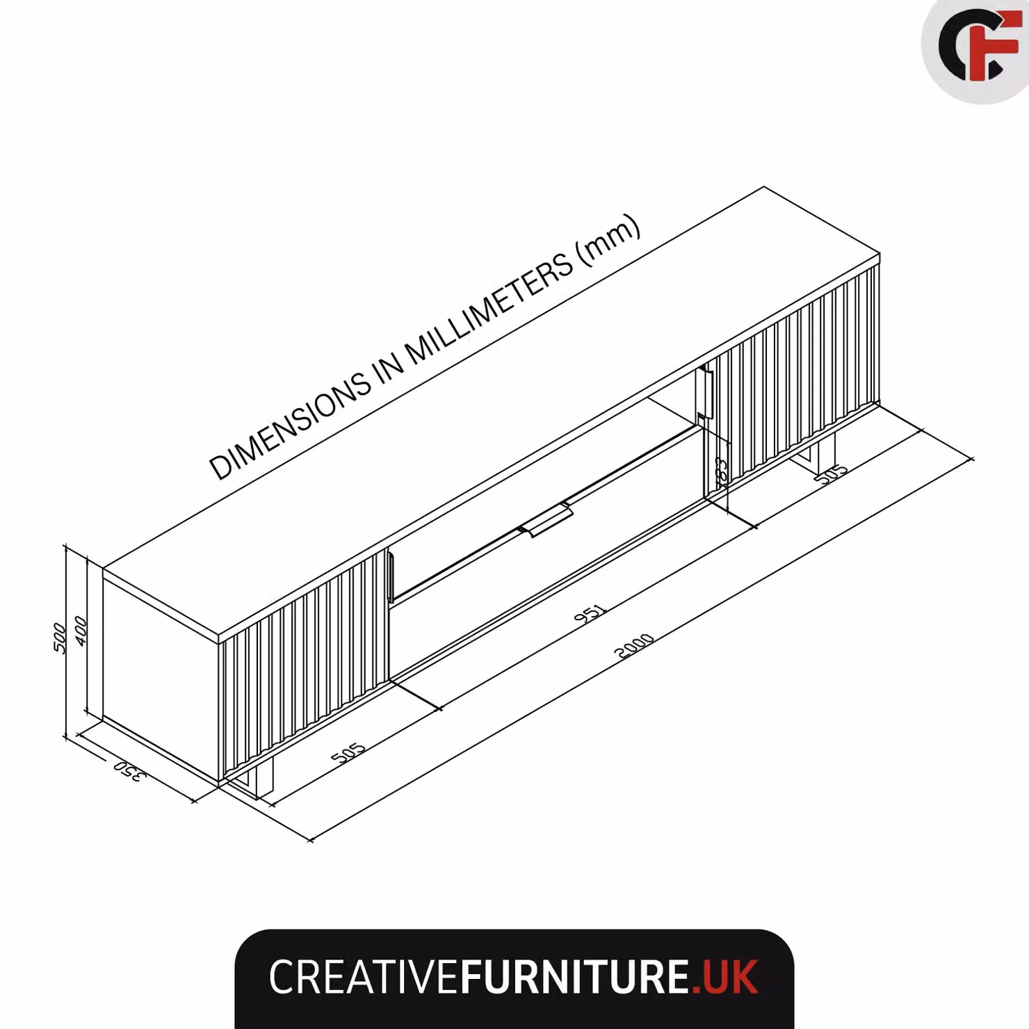 Creative Furniture Blackridge TV Unit in Brown and Black with Dark Oak Body and Matte Fluted Fronts, W: 200 cm, H: 45 cm, D: 35 cm – 4