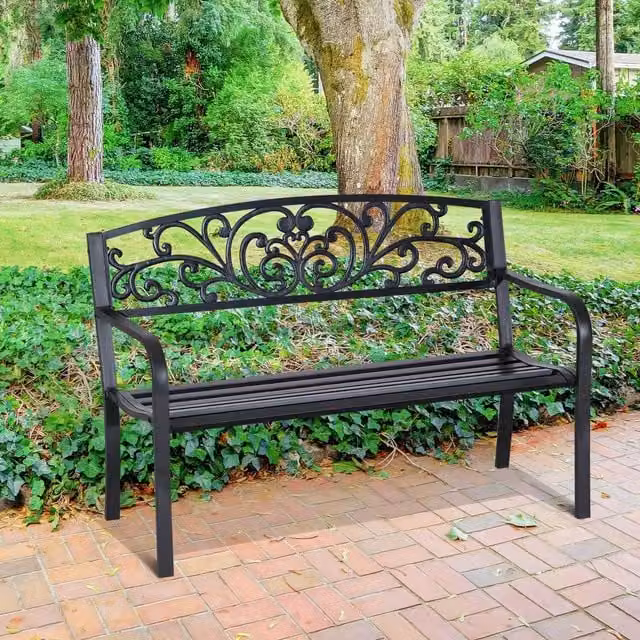 Outsunny 2 Seater Classic Metal Outdoor Garden Bench in Matt Black