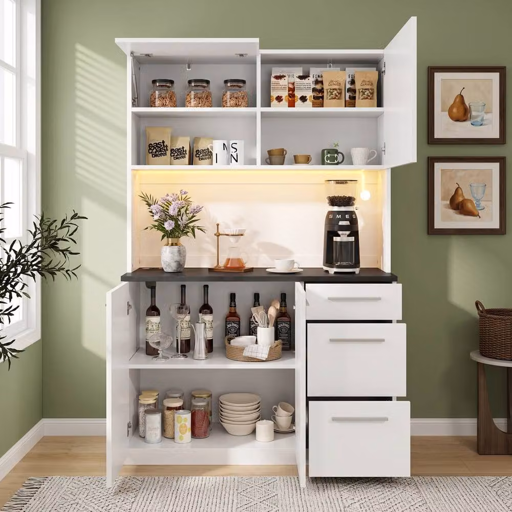 Merax Modern Tall Kitchen Storage Cabinet in White with Integrated Lighting and Glass Doors, W/D/H: 40 x 40 x 180 cm – 2