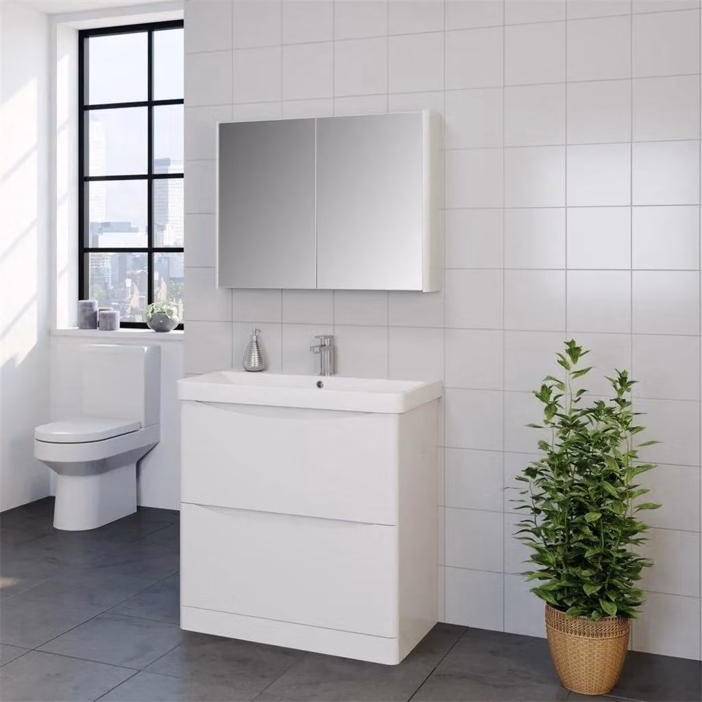 Clifton Gloss White Bathroom Wall Mounted 2-Drawer Unit with Ceramic Basin W: 80 cm, D: 46 cm, H: 60 cm – 2