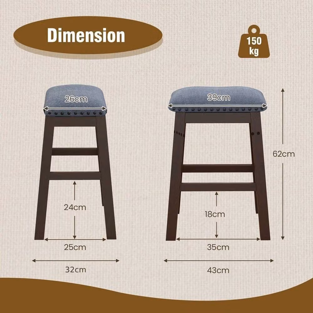 EONLION Set of 2 Blue Fabric Bar Stools with Rubberwood Legs, Height: 100 cm – 2