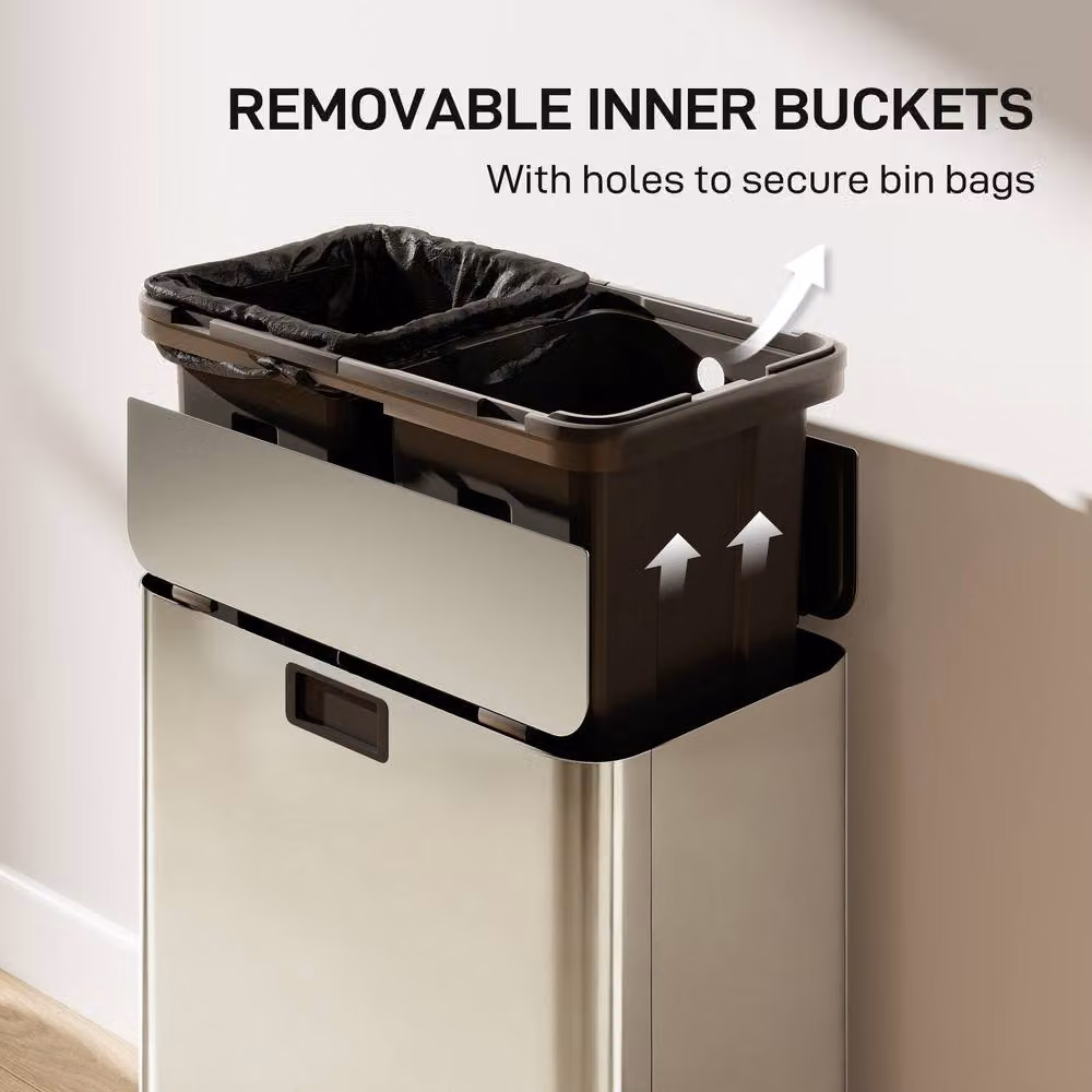 STILVORA Dual Compartment Stainless Steel Kitchen Pedal Bin with Soft Close and Removable Inner Buckets, Silver, 2 x 28L – 4