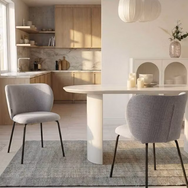 Wyld and Coco Set of 2 Armless Dining Chairs with Off-White Fabric Upholstery and White Powder Coated Iron Frames