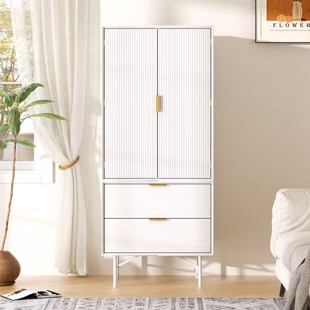 Livingandhome Modern Striped Wardrobe Storage Cabinet with Hinged Doors and Drawers in White Matt
