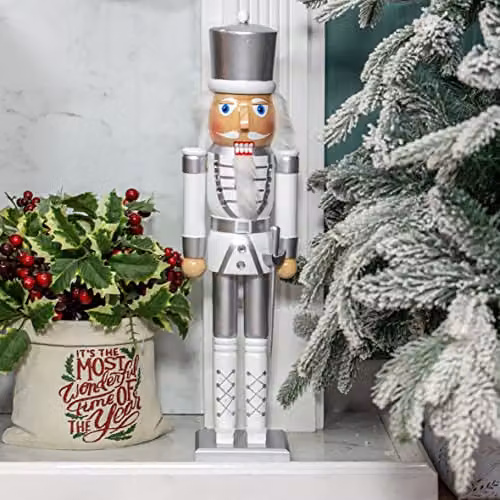 The Christmas Workshop 71049 Wooden Nutcracker Soldier on Stand in White and Silver, Height: 50 cm – 5