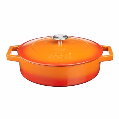Cooks Professional Enamelled Cast Iron Shallow Casserole Dish with Lid and Handles, Orange, 28 cm, 4.3 l